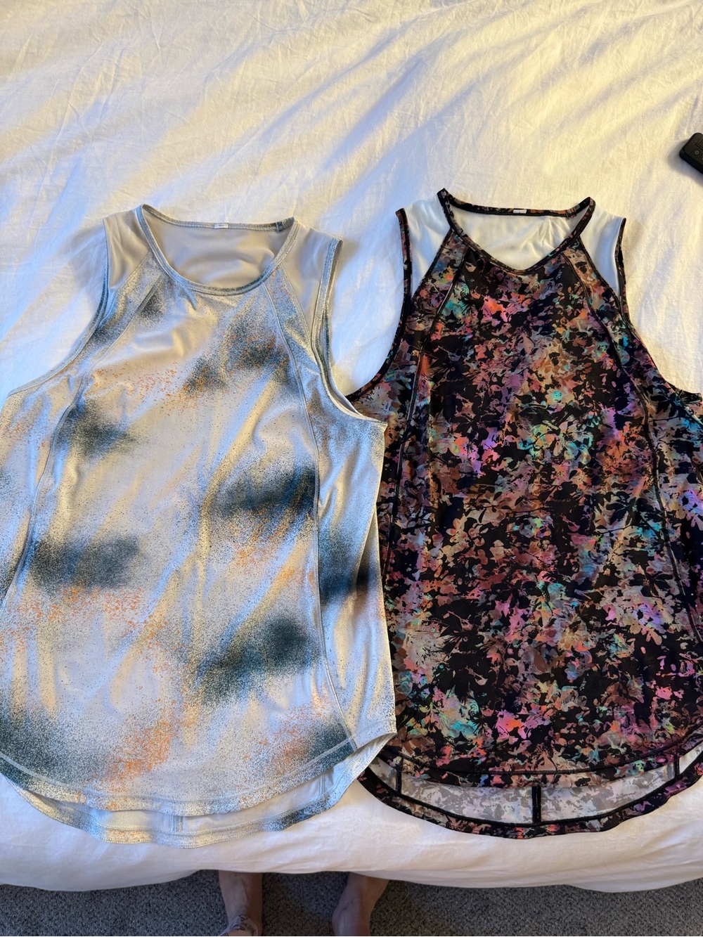Lot of 2 Lululemon Metallic Silver Spray & Black Multicolor Floral Tank Tops